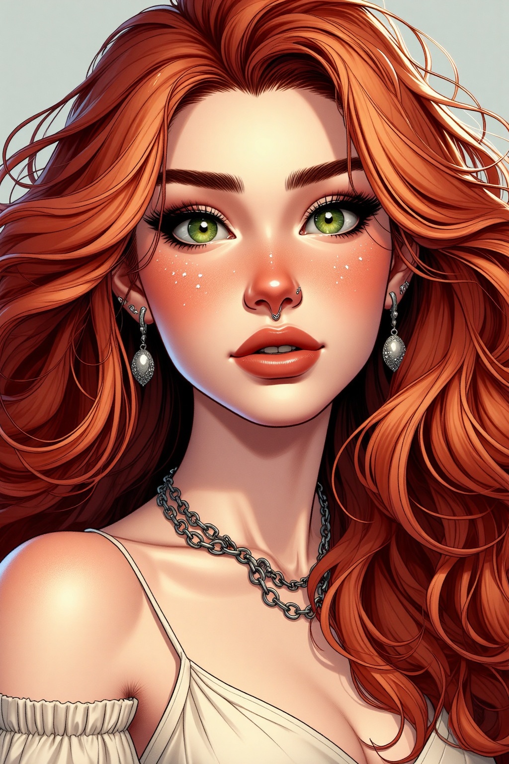 A half-body animated portrait of a woman with vibrant,  flowing red hair cascading over her shoulders,  framing her face....