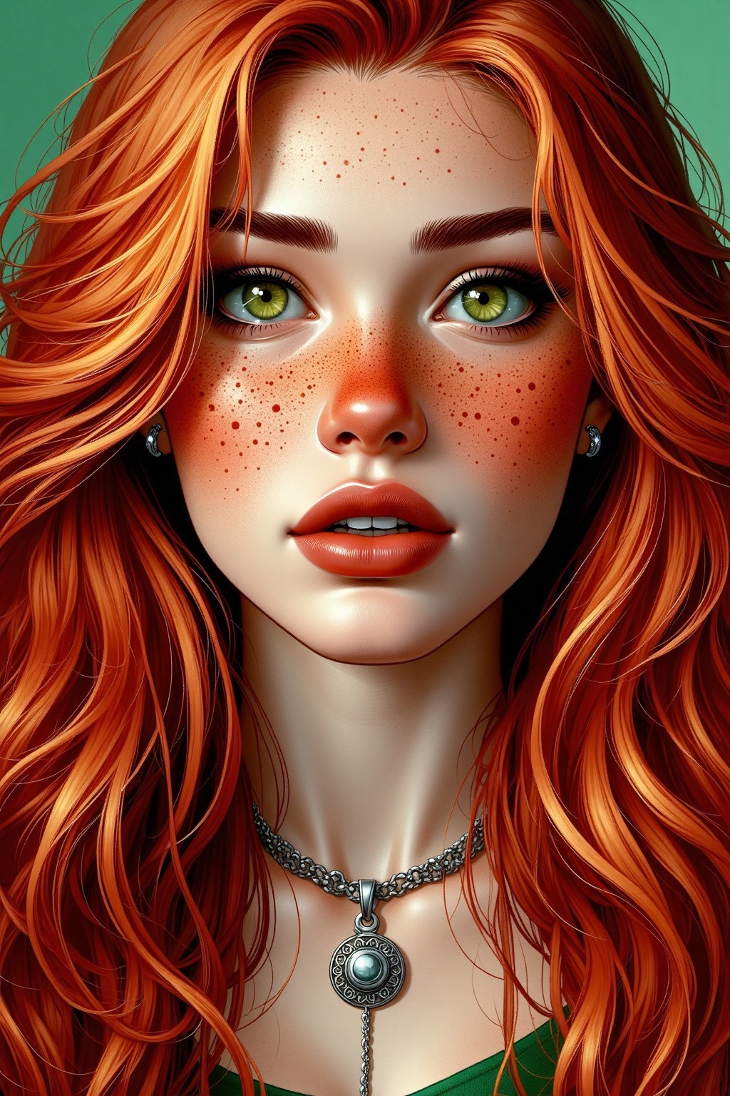 a vibrant red haired woman's face is adorned with freckles,  adding a pop of color to her face. Her eyes are a striking co...