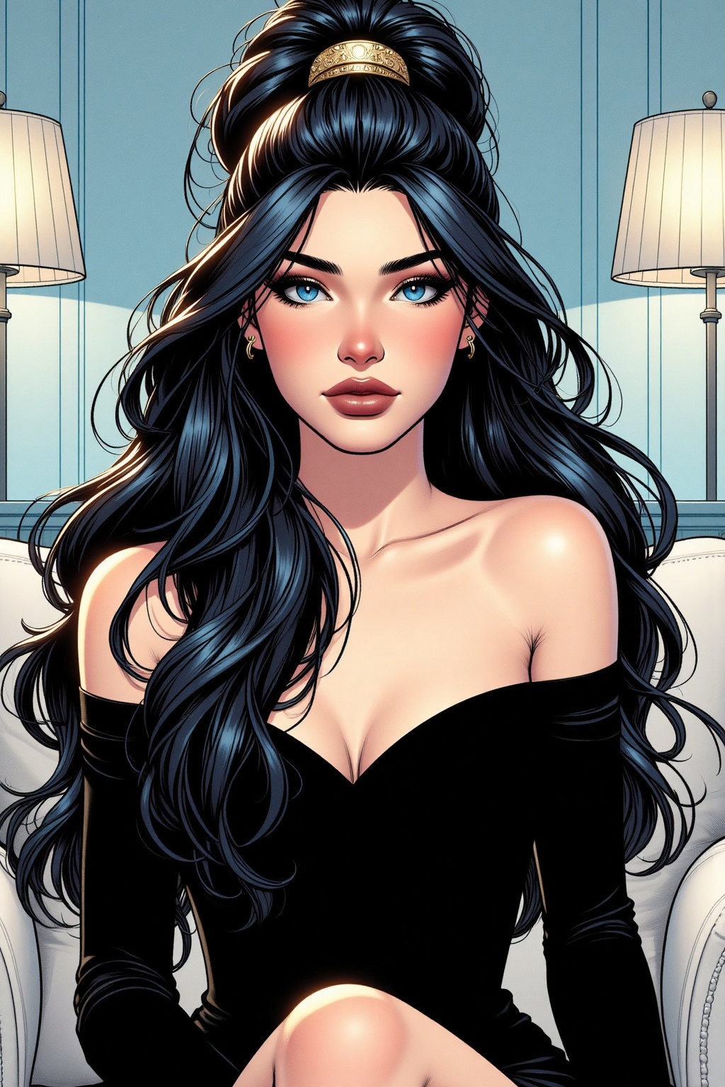 An animated portrait of a woman with long dark hair and a gold bow at the top of her head. She is wearing a black straples...