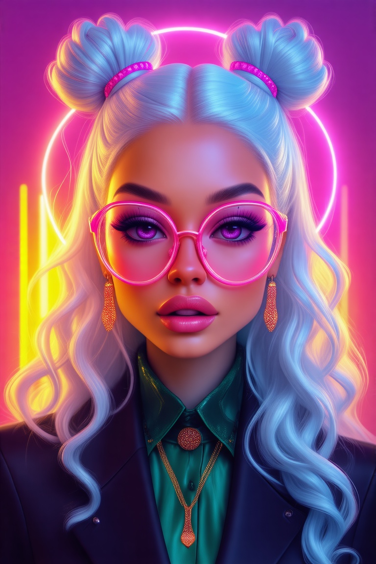 A beautiful American woman with white hair and pink glasses,  neon colors,  digital art style on Tensor.Art