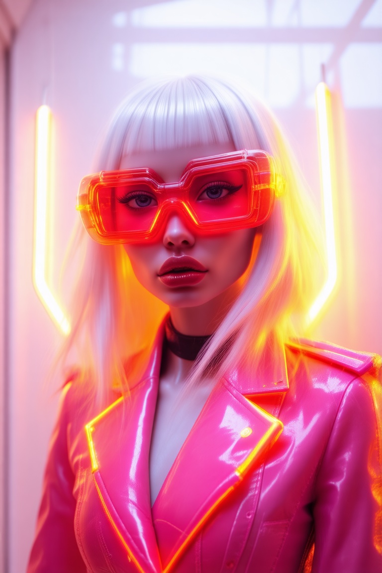 Fashion portrait photography,  close-up of a white-haired model wearing futuristic red glasses and a pink outfit with neon...
