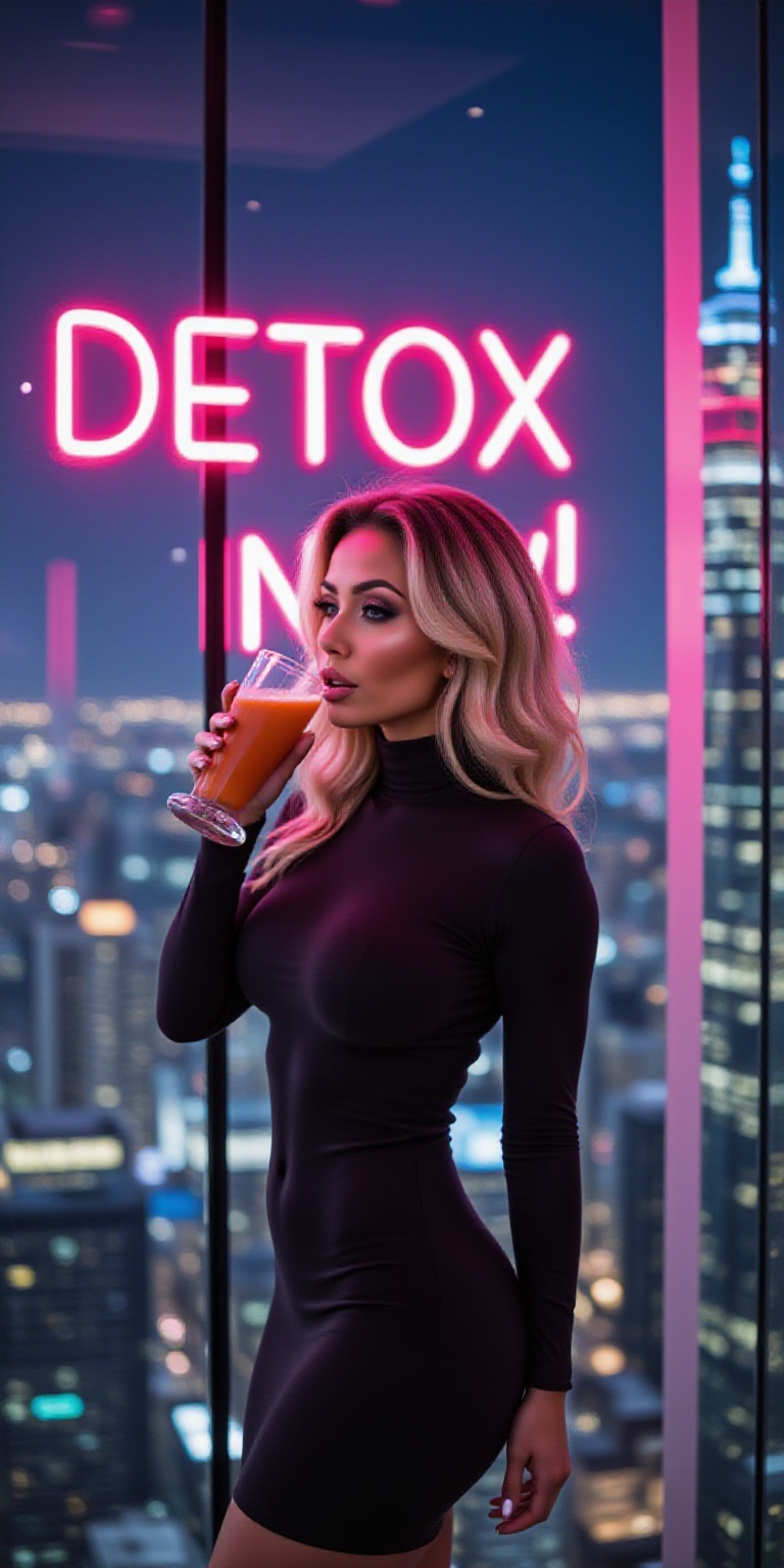 Juice out an image of a sophisticated individual posing against a BIG SCREEN displaying a DETOX NOW! in neon lights. They...