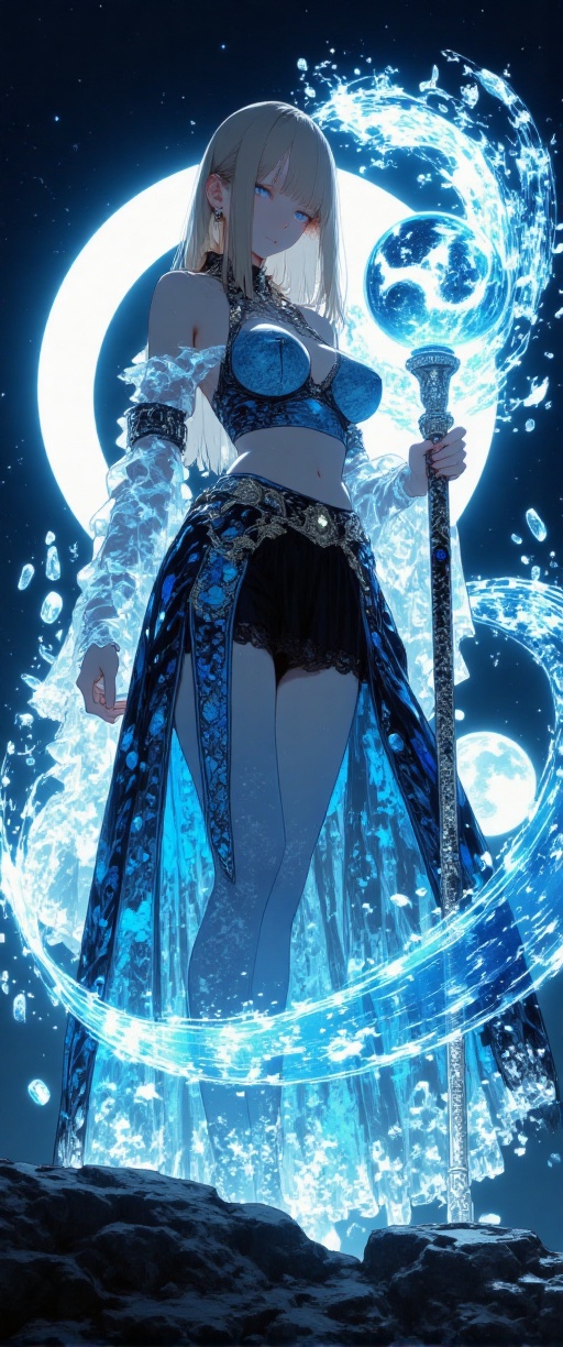 anime sorceress whose presence is both mesmerizing and mysterious,  embodying glass-like qualities in her attire and aura....