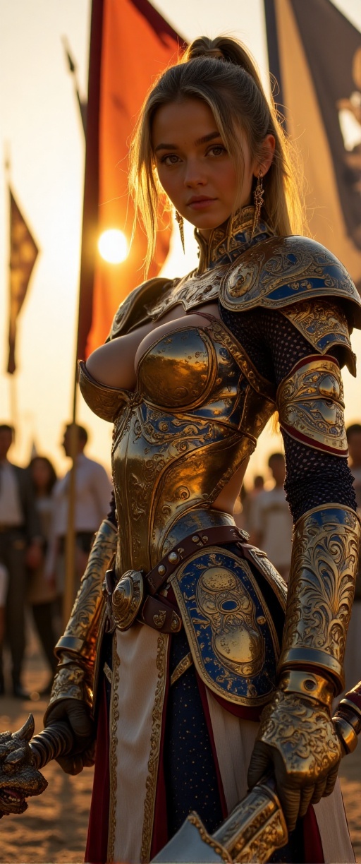 In the dying embers of twilight,  Valiant Knight stands victorious on a battlefield scarred with banners and fallen arms....