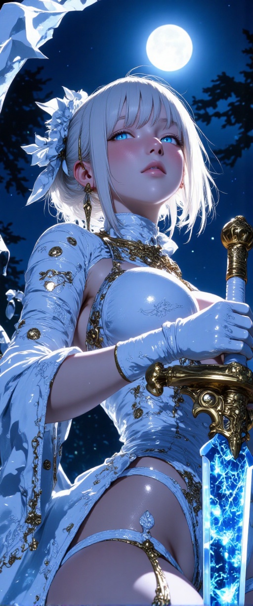 A majestic noble swordswoman,  clad in intricate glass-like armor,  stands at the edge of a glowing forest glade under the...