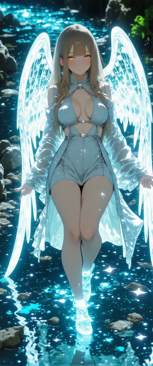In a mystical realm,  a winged dreamweaver glides across a lake of liquid glass,  her transparent wings crafted from delic...