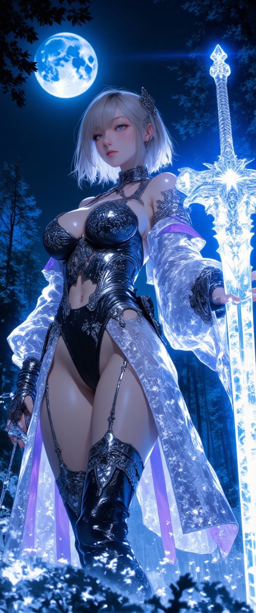 A majestic noble swordswoman,  clad in intricate glass-like armor,  stands at the edge of a glowing forest glade under the...