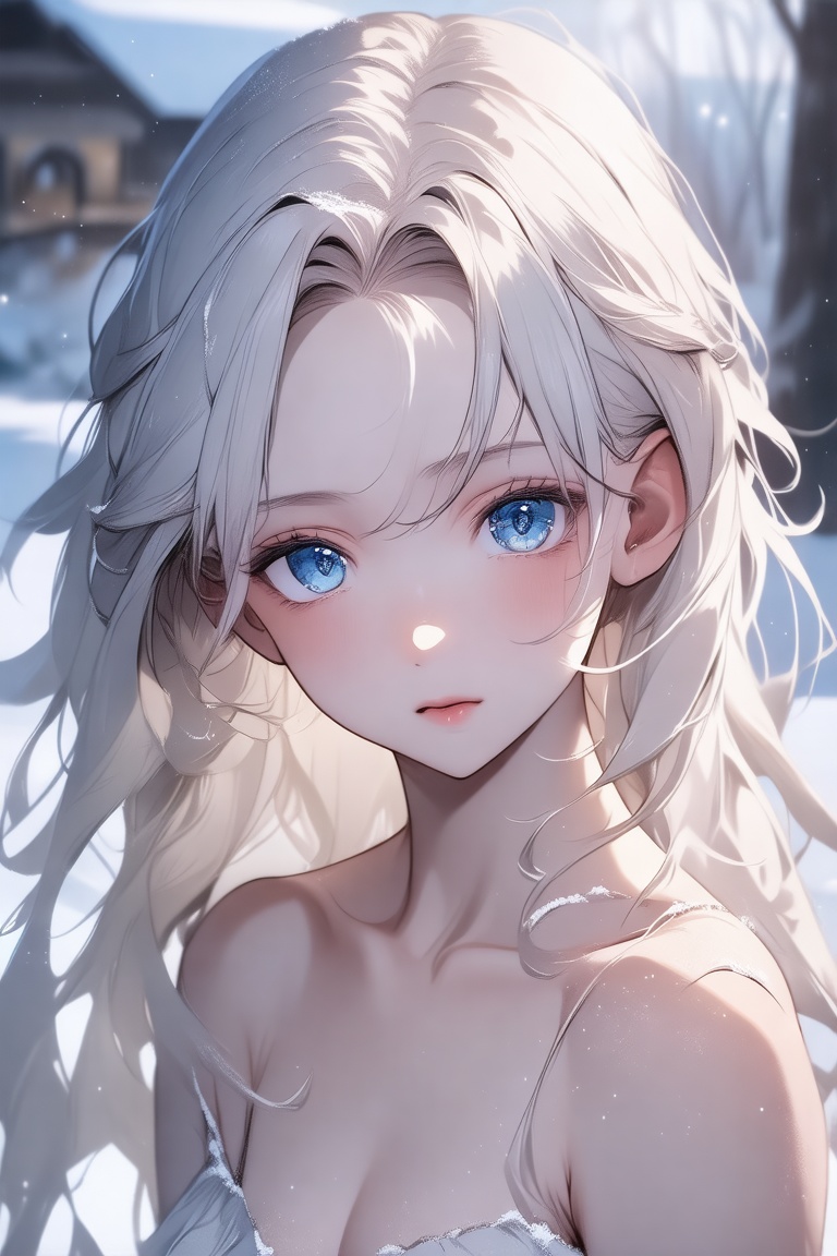atr35,  A serene and ethereal portrait captures a young girl with striking features: her porcelain skin is offset by a sho...