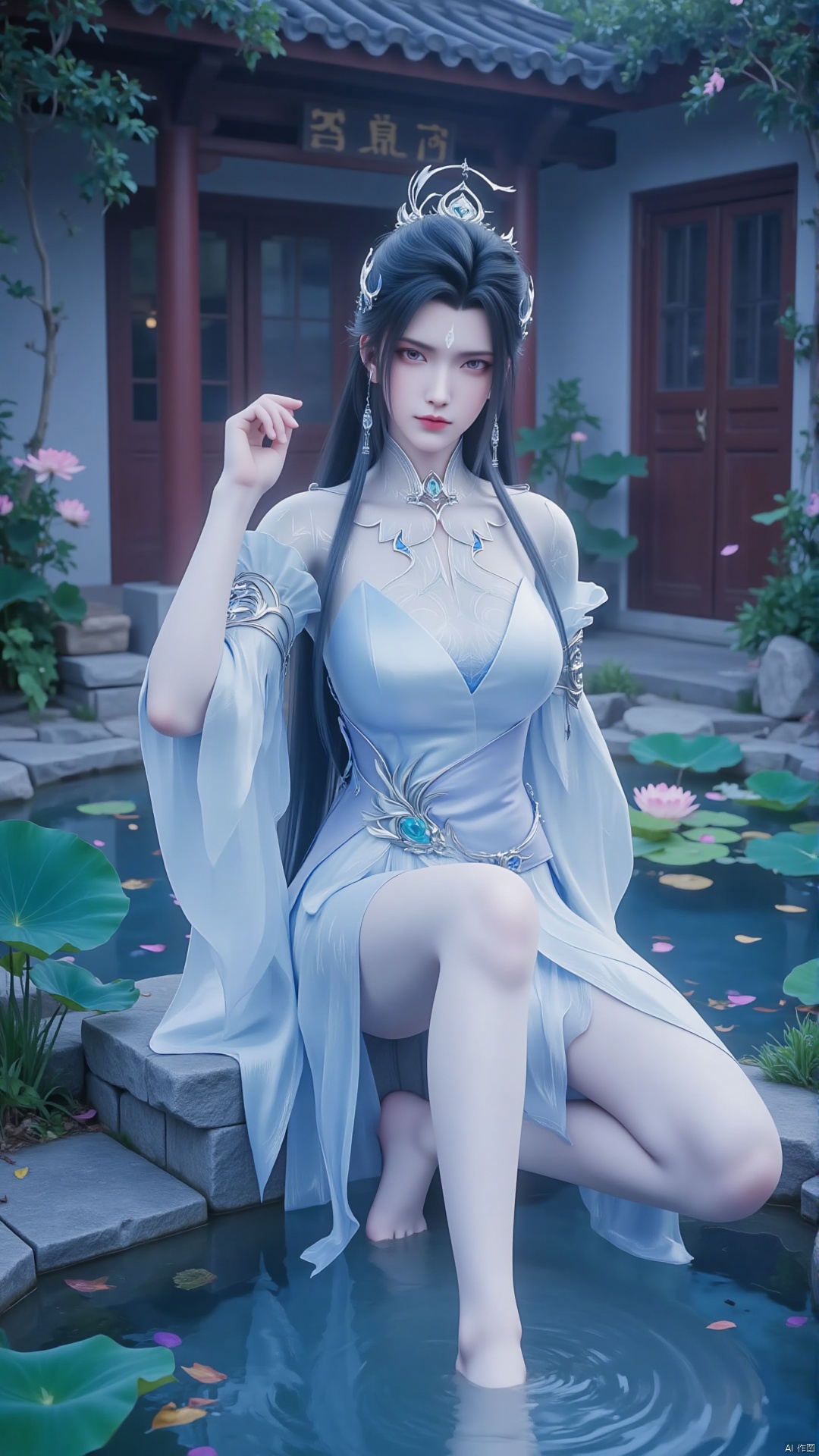 1 girl, solo, a girl sitting on a stone in the yard, washing her feet, partially submerged. Tall, looking towards the camera. Vibrant colors. Gradient perspective, gradient posture, black hair, hair accessories, and a gemstone embedded in the neck and clothing. Jewelry, earrings, light blue dress, long skirt. Silk material clothing, long sleeves, waist belt, with accessories and inlaid gems on the belt. Pale face, snow-white skin, purple eyes, a pale silver mark on the forehead, exposed legs, bare feet, slender legs, perfect body proportions, slim, with white printed embroidery on the clothes. Touch your face with your left hand, touch your head with your right hand
Chinese style courtyard, with ponds, lotus flowers, stones, fallen leaves, leaves and petals on the water surface, butterflies, and nature indoors and in the courtyard,