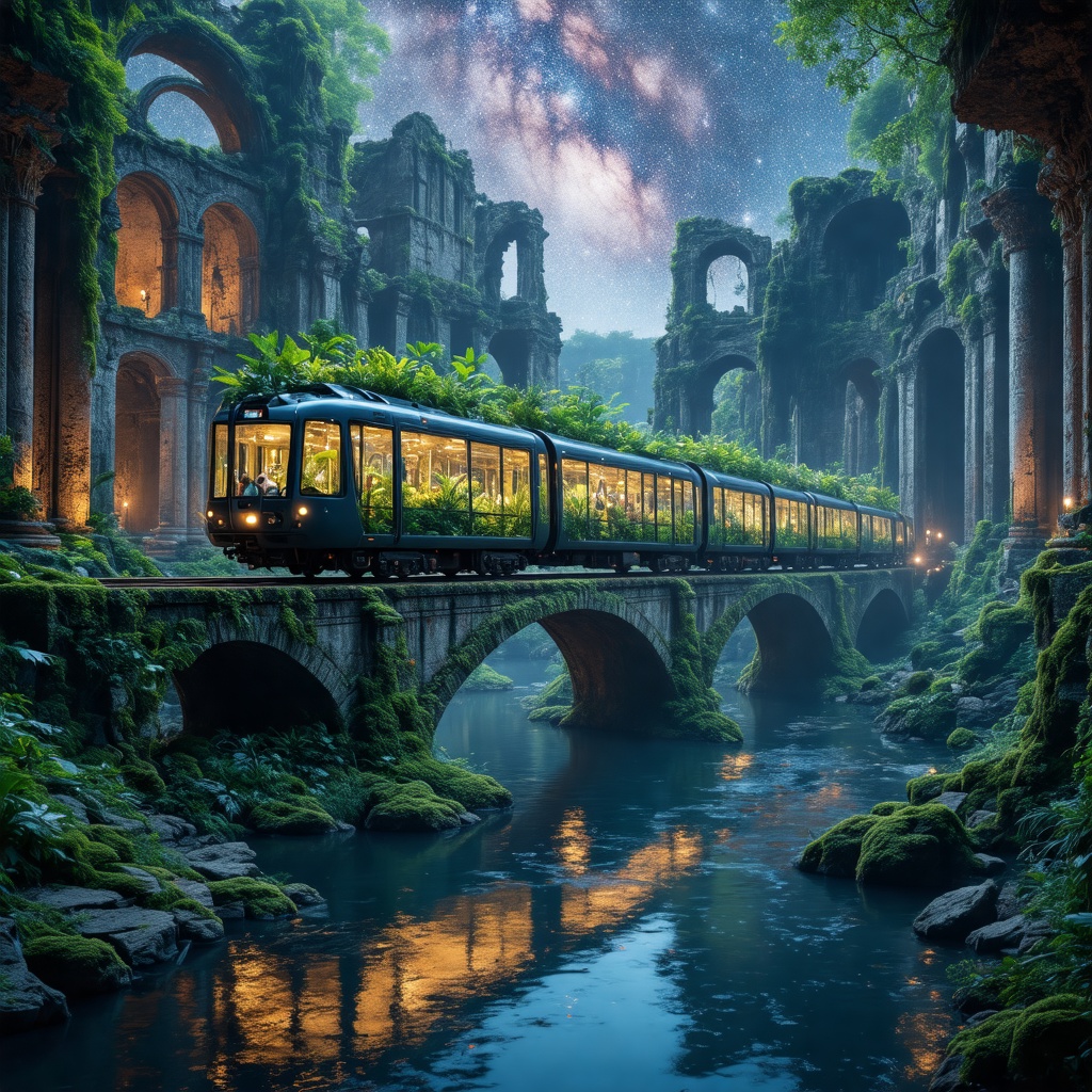 A surreal hyperrealistic photograph captures a futuristic eco-friendly double-decker train on a weathered bridge over the...