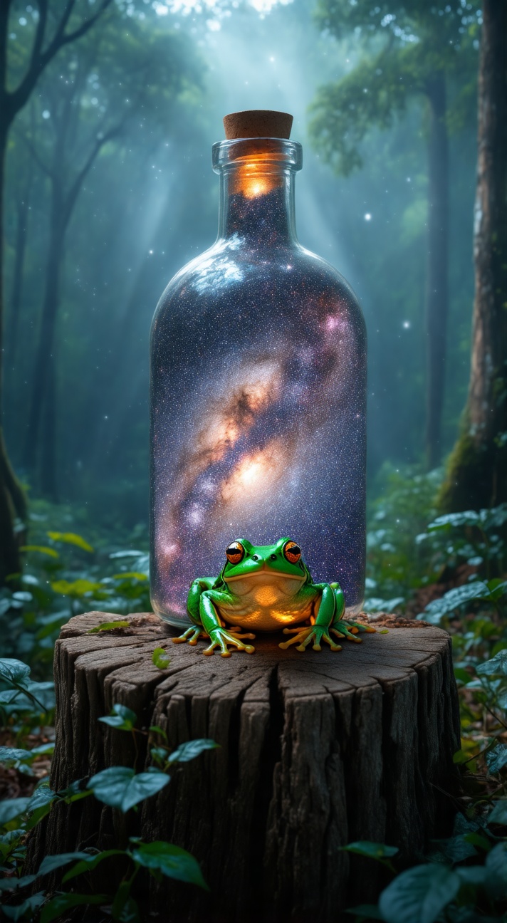 Close-up shot of a translucent glass bottle sitting atop a weathered tree stump amidst the misty depths of a humid forest....