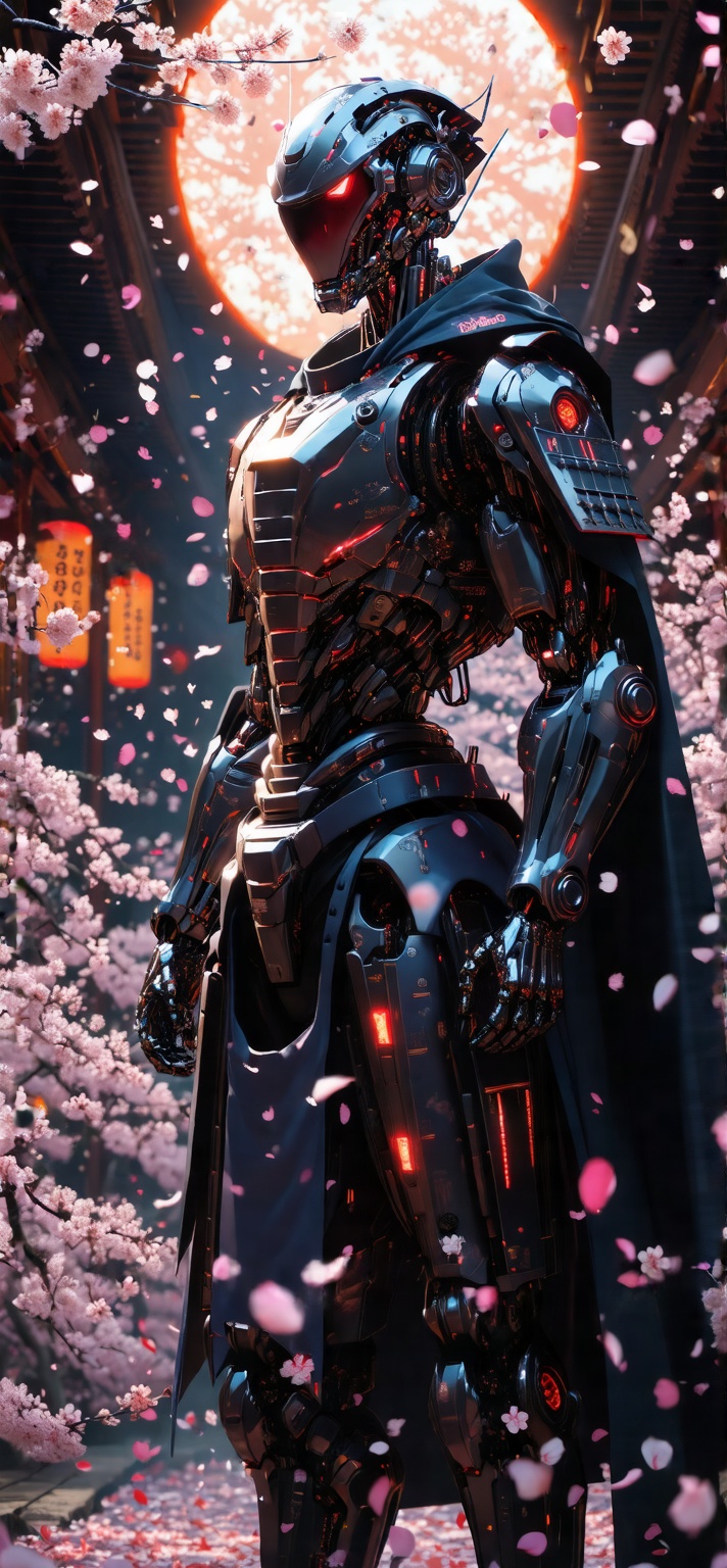 A cyberpunk samurai,  cloaked in darkness,  stands victorious amidst a whirlwind of cherry blossom petals. Framed from a l...