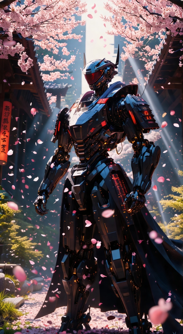 A cyberpunk samurai,  cloaked in darkness,  stands victorious amidst a whirlwind of cherry blossom petals. Framed from a l...