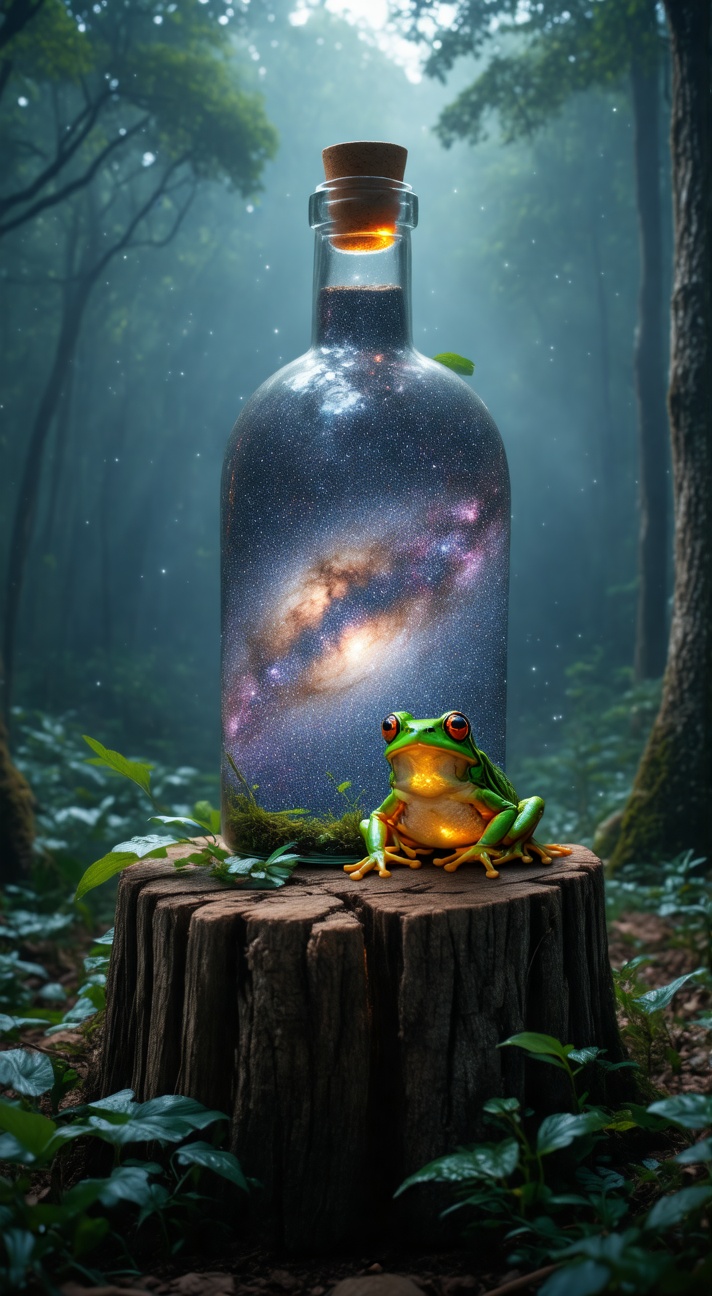 Close-up shot of a translucent glass bottle sitting atop a weathered tree stump amidst the misty depths of a humid forest....