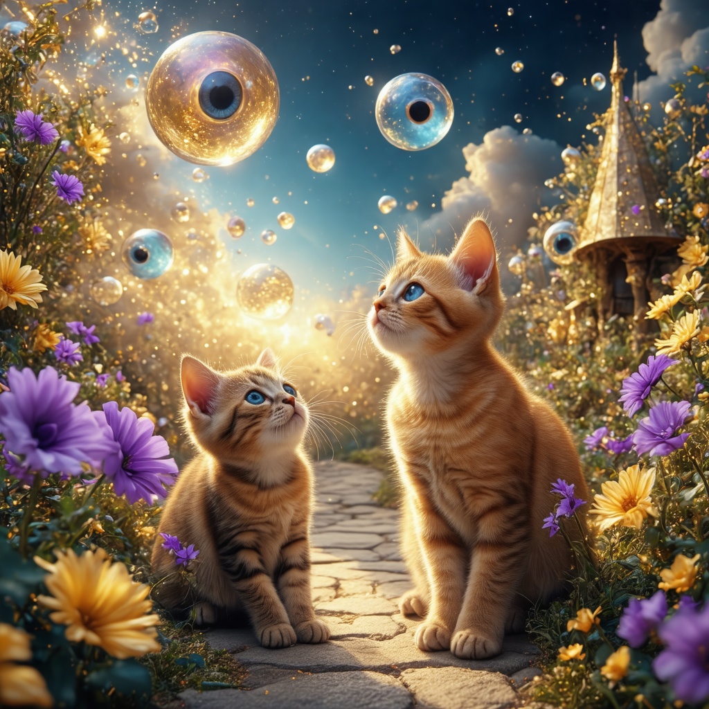 A Midjourney Raw Image Style of the most amazing and bizarre surrealism playground for cats in the sky,  captured in a pho...