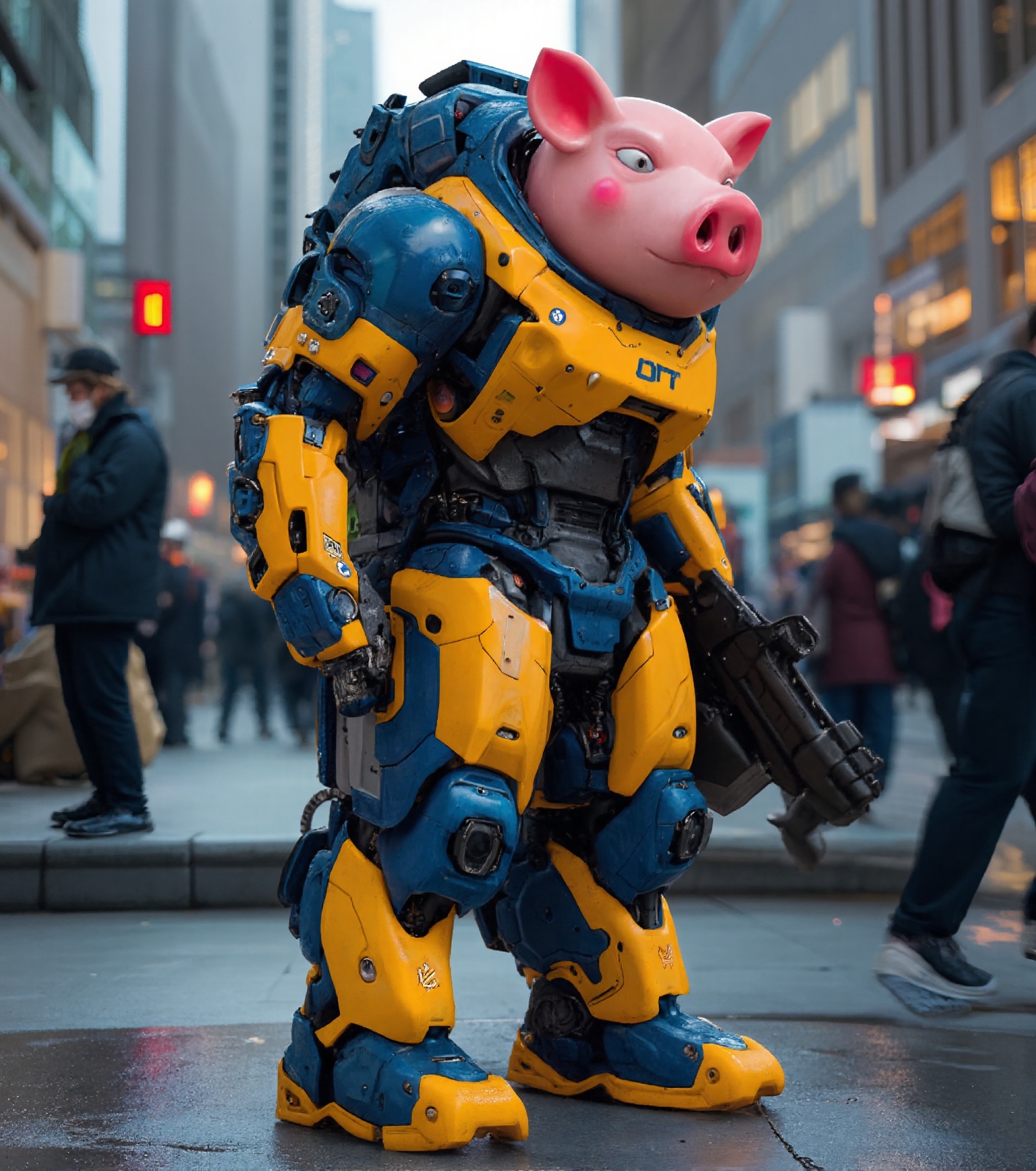 An Angry pink pig Robot Mecha Soldier,  Angry Agile Anthropomorphic Figure,  Wearing Futuristic blue and yellow Soldier Ar...