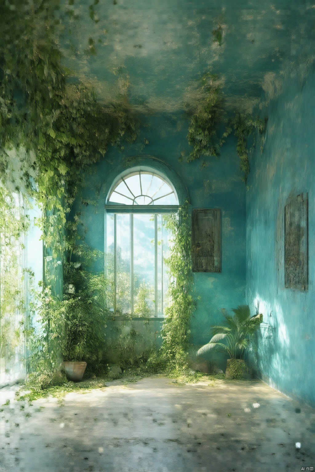 Rustic interior design,a medium-angle shot captures the interior of a room. The walls are adorned with a blue-,green painted wall,adorned with an arched window frame,adding a touch of nature to the scene. To the left of the frame