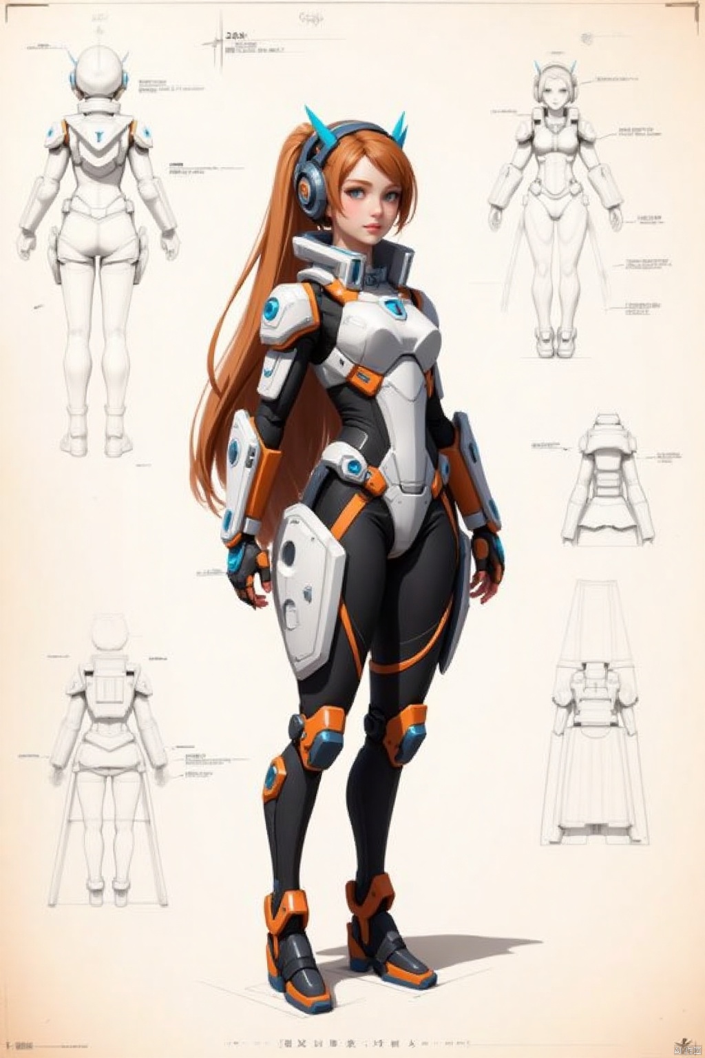 Design sketches,Captured on a light brown wooden frame,a medium-sized illustration of a female robot with long brown hair

,wearing a white and blue uniform. Her uniform is adorned with orange accents,black boots,and blue accents on her arms and legs. Her hair is styled in a ponytail