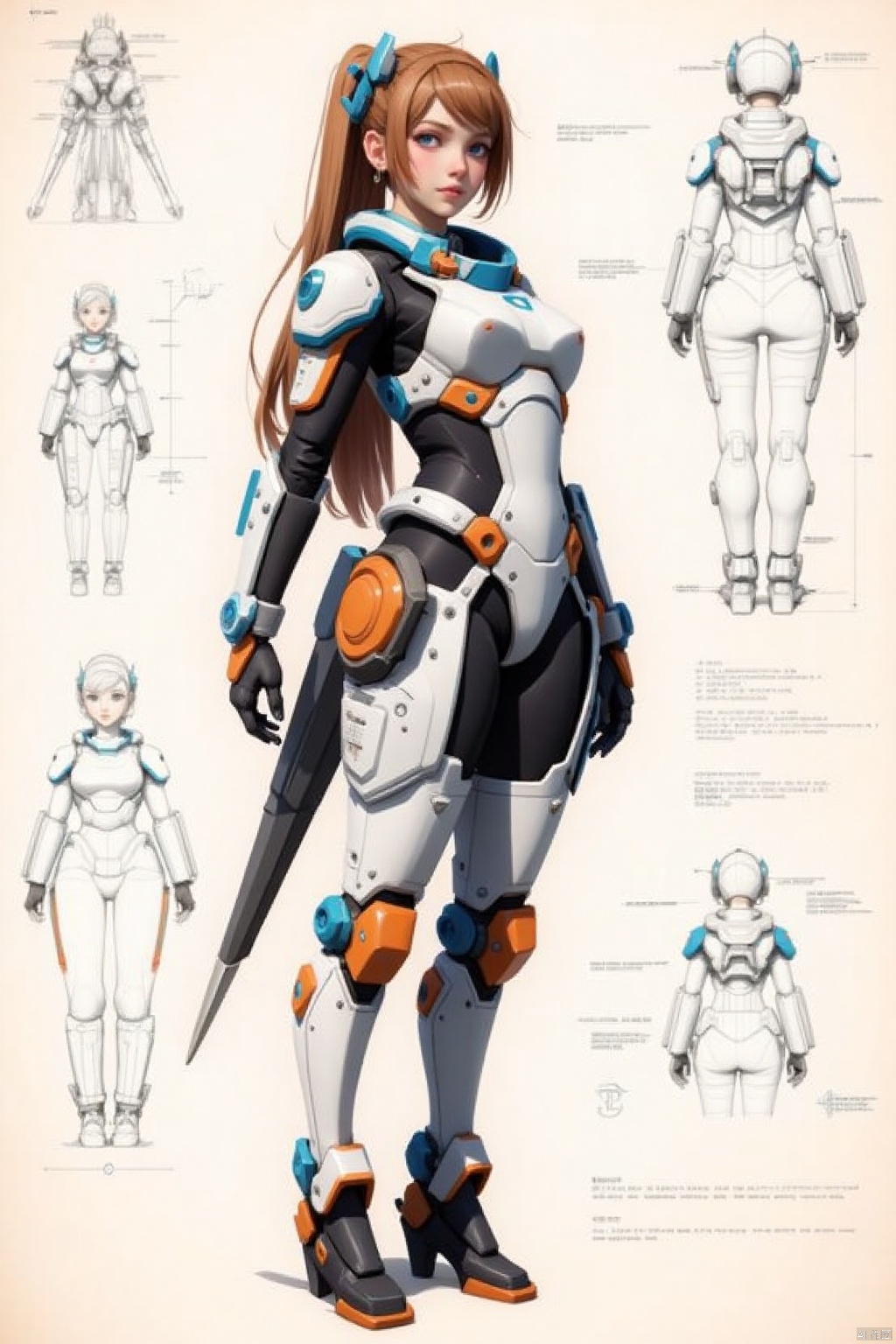 Design sketches,Captured on a light brown wooden frame,a medium-sized illustration of a female robot with long brown hair

,wearing a white and blue uniform. Her uniform is adorned with orange accents,black boots,and blue accents on her arms and legs. Her hair is styled in a ponytail
