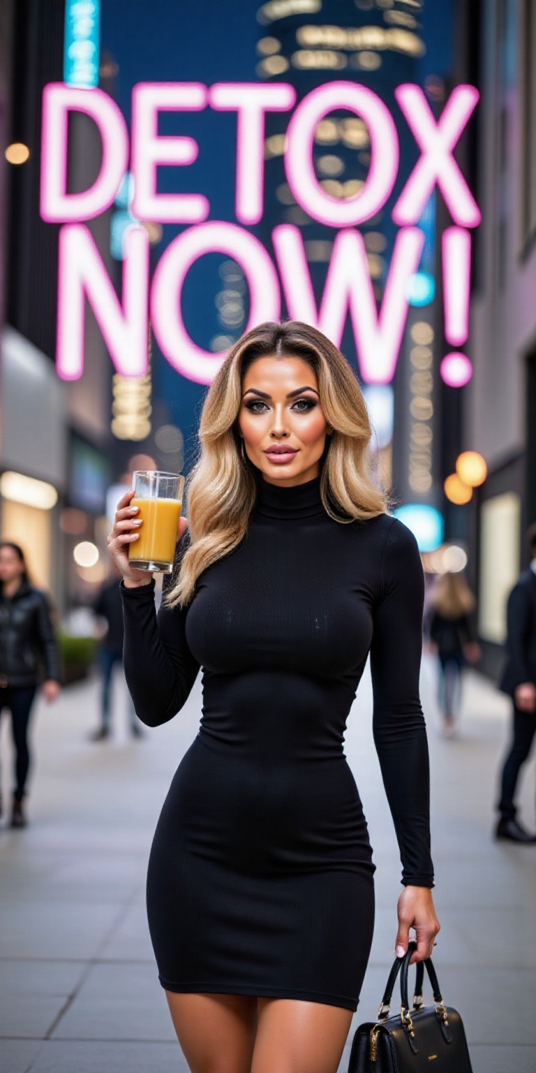 A refined individual stands poised in front of a colossal screen displaying DETOX NOW! in radiant neon hues. A sleek dress...