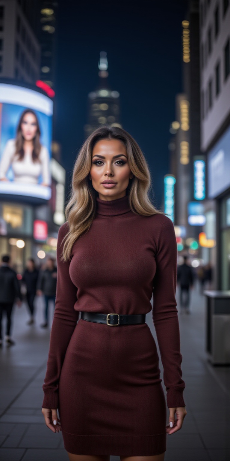 BIG SCREEN showing NEWS in the background,  dress,  turtleneck_sweater on Tensor.Art