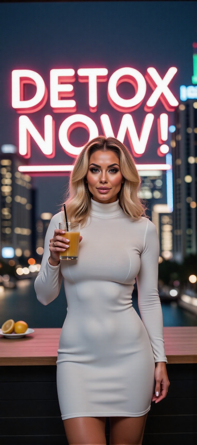 A refined individual stands poised in front of a colossal screen displaying DETOX NOW! in radiant neon hues. A sleek dress...