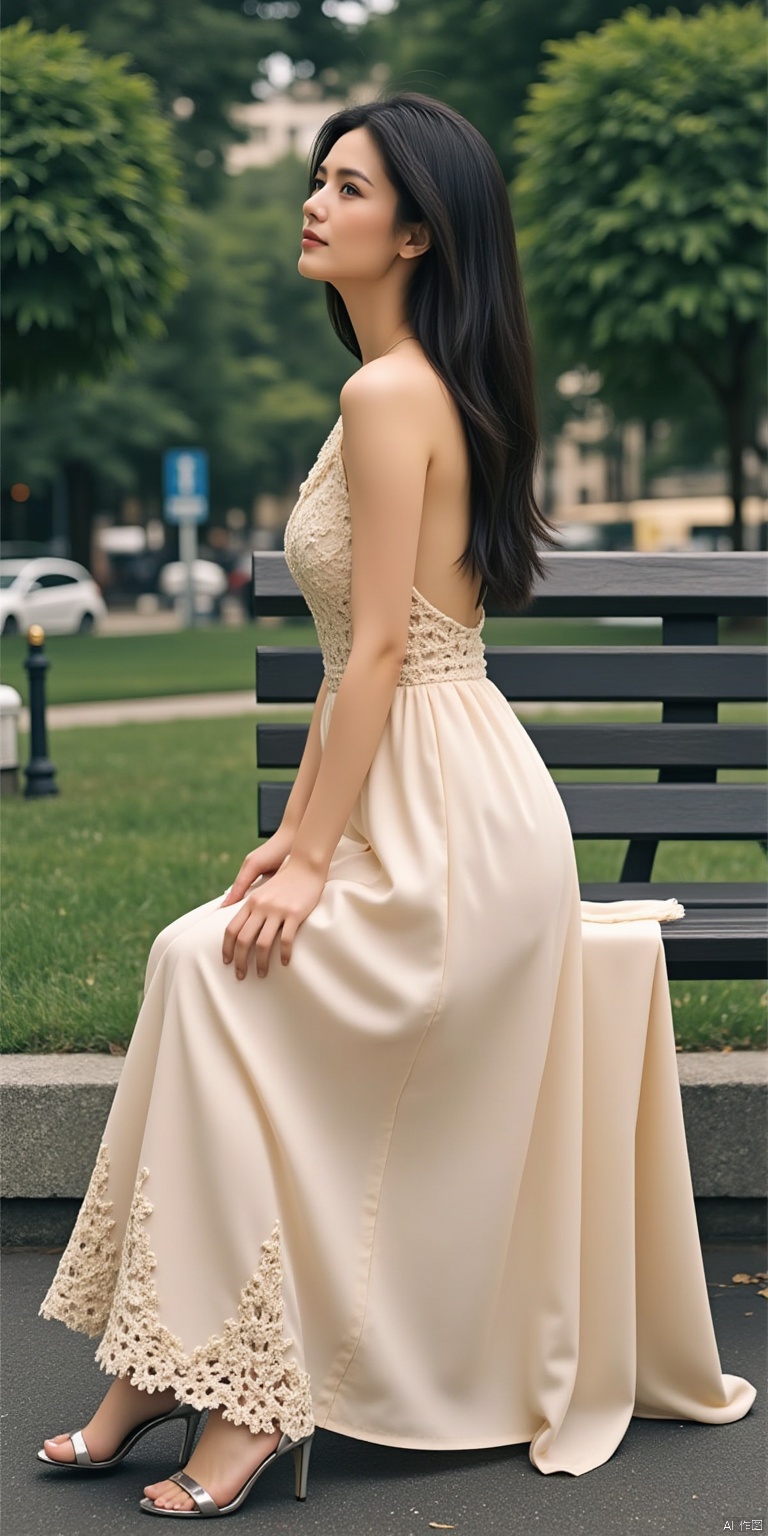 Sexy and noble clothing: a champagne-colored silk backless long skirt with exquisite embroidery at the corners, paired with silver stiletto heels and a clutch bag of the same color.
Movements are natural: sitting elegantly on a park bench, legs slightly tilted, one hand casually placed by your side, and the other hand gently supporting your chin.
Beautiful and elegant: Fresh and natural makeup, light pink blush adds color to the complexion, eyes are bright and agile, and long hair hangs smoothly on the shoulders.
Movie texture: The afterglow of the sunset shines on you, creating a warm and romantic atmosphere. The surrounding green trees and grass serve as the background, and the colors are rich and harmonious.
Real skin texture: The skin is delicate and smooth, with a slight luster, and the skin color shows a healthy warm white. You can see the fine villi on the skin, showing the texture of young skin.