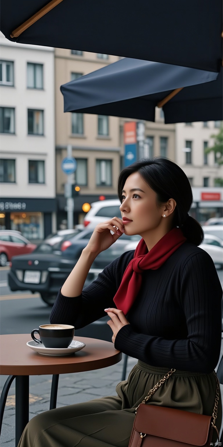 City trip: Mature beauty is sitting under the umbrella of an outdoor cafe with a cup of coffee in front of her and the bustling urban street scene behind her.
Casual clothing: a black slim-fitting sweater paired with a khaki long skirt, a red scarf, and a brown leather bag on the shoulder.
His movements were natural: he held his chin in one hand and looked at the busy traffic on the street, with a trace of leisurely expression in his eyes.
Beautiful and generous: Her hair is tied up to look elegant and capable, and she wears small pearl earrings on her earlobes, giving her an outstanding temperament.
Movie texture: The picture is dark, with only a beam of soft light shining down where the beauty is, and the surrounding environment looks quiet and mysterious.
Real skin texture: There are subtle wrinkles on the skin, but it adds to the charm of aging. The skin color is fair but not pale.