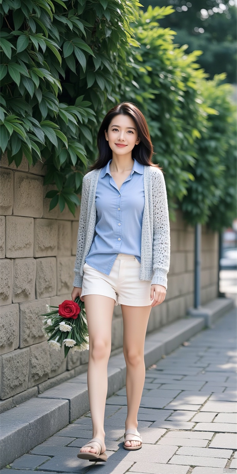 City trip: A mature beauty walks in a stone-paved alley, holding a bouquet of flowers in her hand, with a wall covered with green plants behind her.
Casual clothing: light blue shirt with white shorts, a light gray cardigan, and flat sandals.
Movements are natural: walking while lowering your head and smelling the fragrance of flowers, your steps are light and your posture is graceful.
Beautiful and generous: long hair shawl, slightly curled at the end, with a gentle smile on her face and eyes full of love.
Movie texture: The sun casts mottled light and shadow through the gaps in the leaves, creating a dreamlike atmosphere.
Real skin texture: The skin is smooth but has some fine lines, showing the charm of a mature woman, and the skin color is light pink.