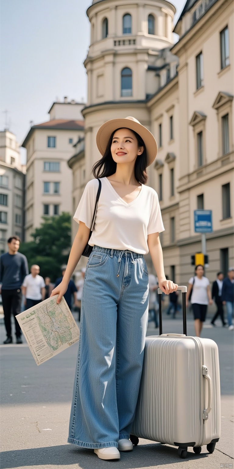 City travel: A mature beauty stands in front of an ancient European-style building, holding a map in her hand and looking intently into the distance, with a retro suitcase beside her.
Casual clothing: loose white cotton top paired with blue denim wide-leg pants, white sneakers, and a beige wide-brimmed sun hat.
Movements are natural: tilt your head slightly, place one hand naturally on the suitcase handle, and gently brush your hair blown by the wind with the other hand.
Beautiful and generous: exquisite makeup, elegant lipstick, white teeth showing when smiling, bright and confident eyes.
Movie texture: warm yellow sunlight shines on the body, creating a soft light and shadow effect, and blurred pedestrians in the background add to the atmosphere.
Real skin texture: You can see the fine pores and faint freckles on the face, and the skin shows a healthy wheat color.