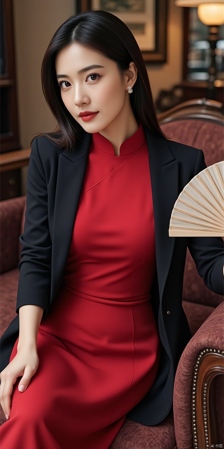 Sexy and noble clothing: red slim-fitting cheongsam, high slit design showing slender legs, paired with a black shawl and pearl earrings.
Natural movements: Sitting elegantly on a retro sofa, crossing your legs, placing one hand on the armrest of the sofa, and holding a folding fan in the other hand.
Beautiful and elegant: classic makeup, curved eyebrows, phoenix eyes, charming temperament.
Movie texture: The picture has warm tones and soft light coming from the side, creating a romantic atmosphere.
Real skin texture: The skin is firm and elastic, with a light blush on the face, and the complexion looks good.