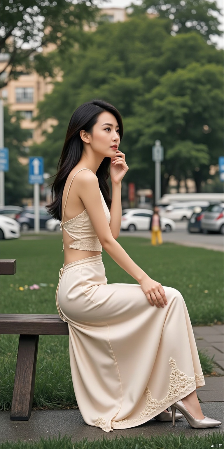 Sexy and noble clothing: a champagne-colored silk backless long skirt with exquisite embroidery at the corners, paired with silver stiletto heels and a clutch bag of the same color.
Movements are natural: sitting elegantly on a park bench, legs slightly tilted, one hand casually placed by your side, and the other hand gently supporting your chin.
Beautiful and elegant: Fresh and natural makeup, light pink blush adds color to the complexion, eyes are bright and agile, and long hair hangs smoothly on the shoulders.
Movie texture: The afterglow of the sunset shines on you, creating a warm and romantic atmosphere. The surrounding green trees and grass serve as the background, and the colors are rich and harmonious.
Real skin texture: The skin is delicate and smooth, with a slight luster, and the skin color shows a healthy warm white. You can see the fine villi on the skin, showing the texture of young skin.