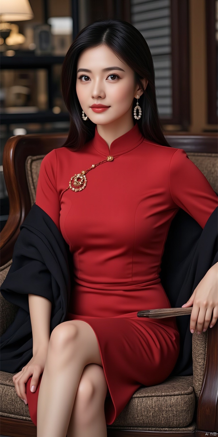 Sexy and noble clothing: red slim-fitting cheongsam, high slit design showing slender legs, paired with a black shawl and pearl earrings.
Natural movements: Sitting elegantly on a retro sofa, crossing your legs, placing one hand on the armrest of the sofa, and holding a folding fan in the other hand.
Beautiful and elegant: classic makeup, curved eyebrows, phoenix eyes, charming temperament.
Movie texture: The picture has warm tones and soft light coming from the side, creating a romantic atmosphere.
Real skin texture: The skin is firm and elastic, with a light blush on the face, and the complexion looks good.