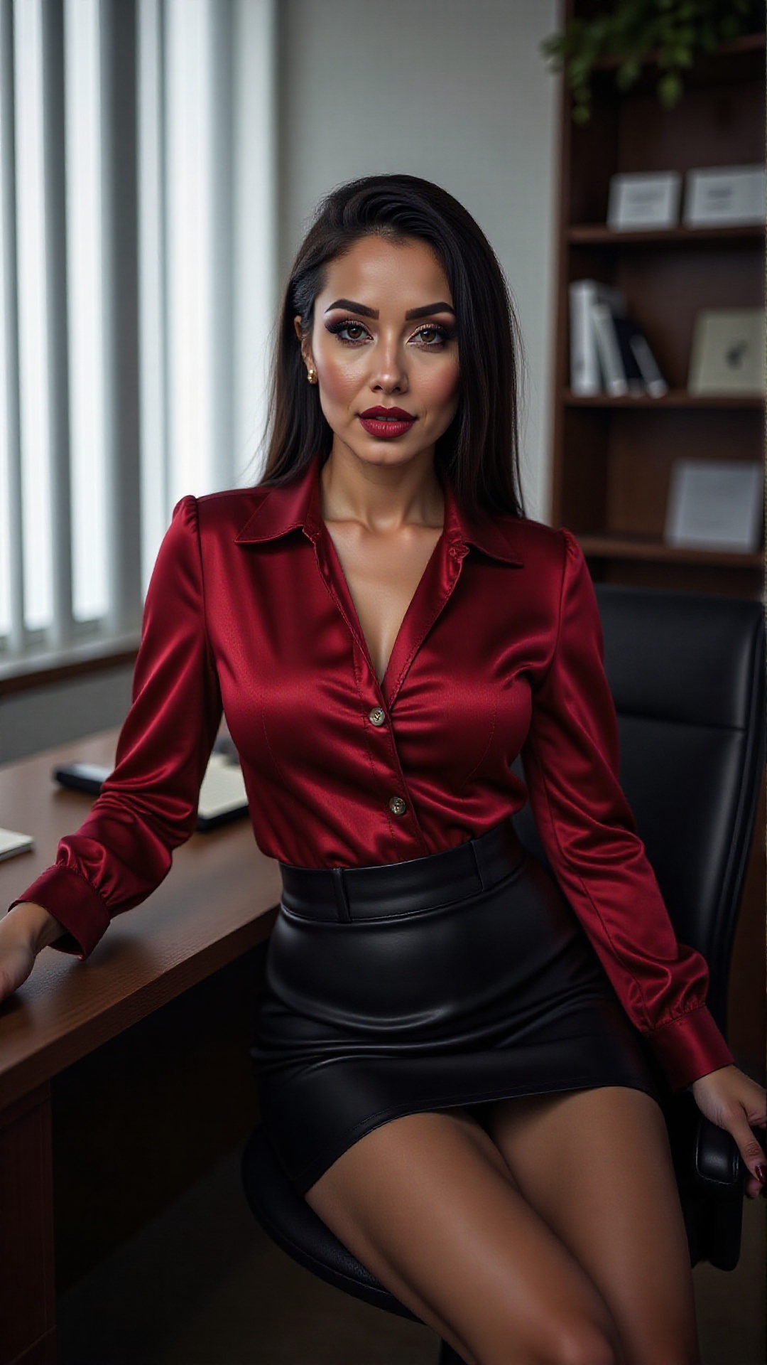 A moody and cinematic scene,  A hyper-realistic portrait of a confident and sophisticated black haired woman sitting in a...