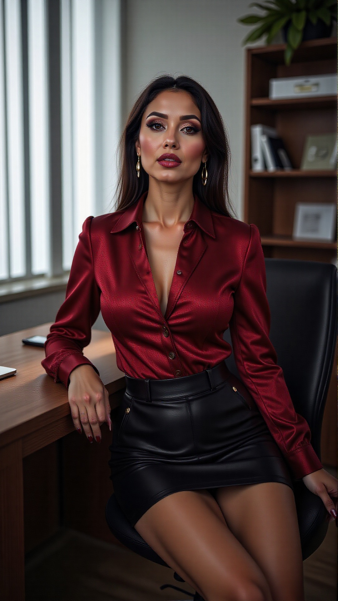 A moody and cinematic scene,  A hyper-realistic portrait of a confident and sophisticated black haired woman sitting in a...