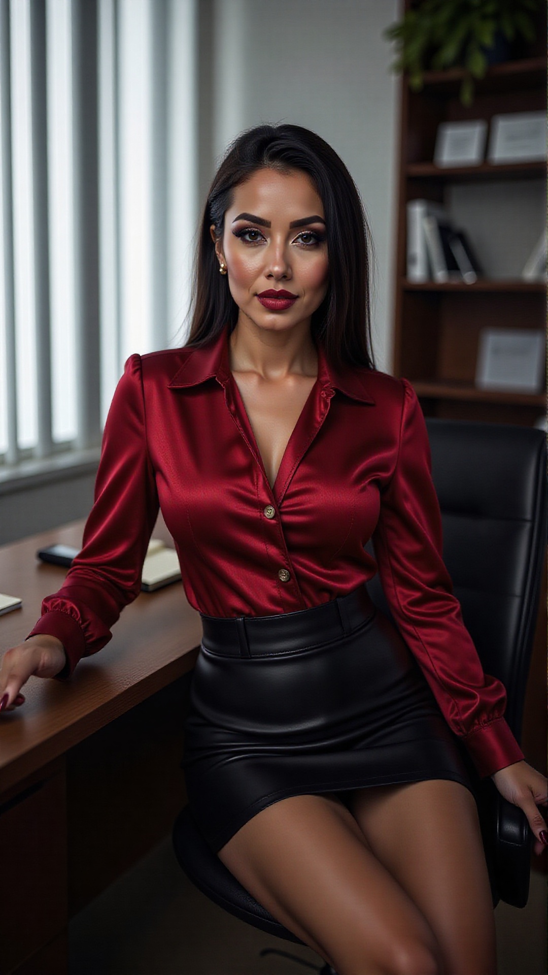 A moody and cinematic scene,  A hyper-realistic portrait of a confident and sophisticated black haired woman sitting in a...