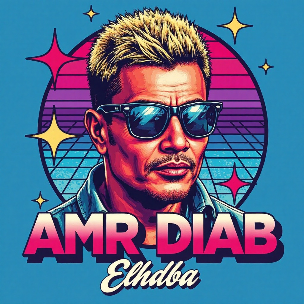 T-shirt design featuring an illustration of amr diab. The artwork has a retro-futuristic style with vibrant colors,  inclu...