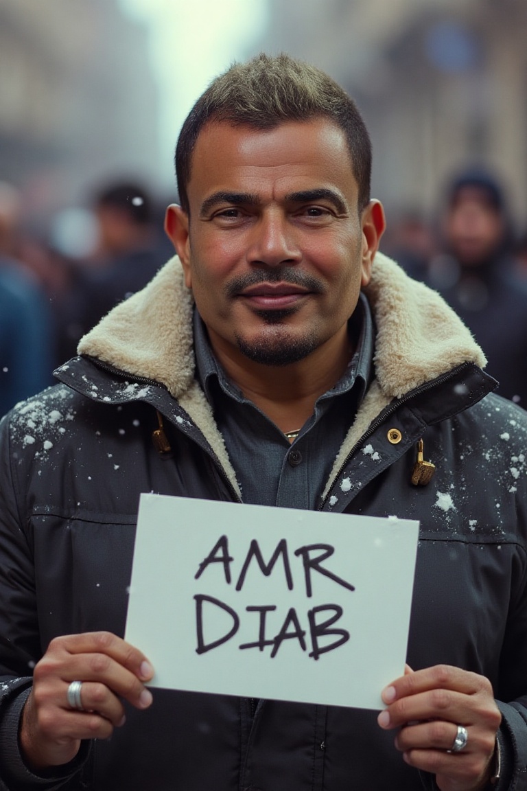 Amr Diab is wearing a comfortable winter jacket,  holding a sign that says AMR DIAB,  and a snapshot shows his upper body...