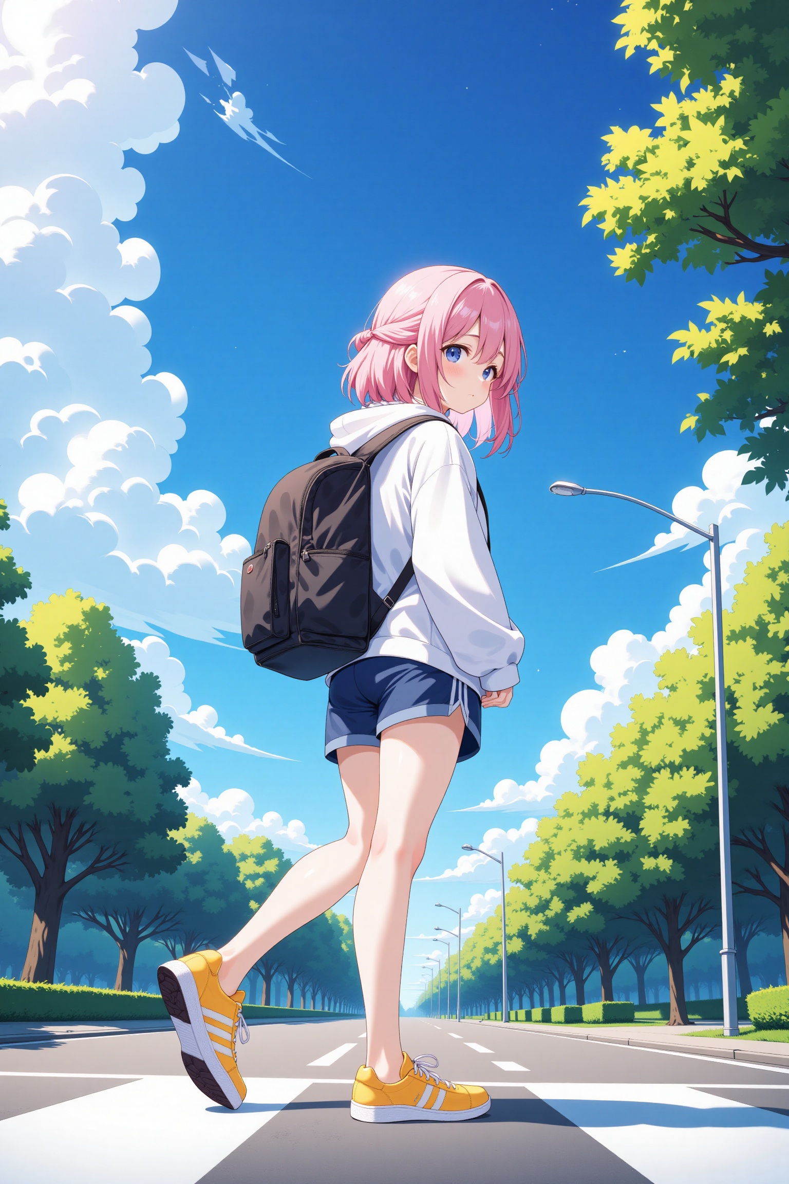 masterpiece,  An anime girl with pink hair is standing on a crosswalk. She is wearing a white hoodie and blue shorts. She...