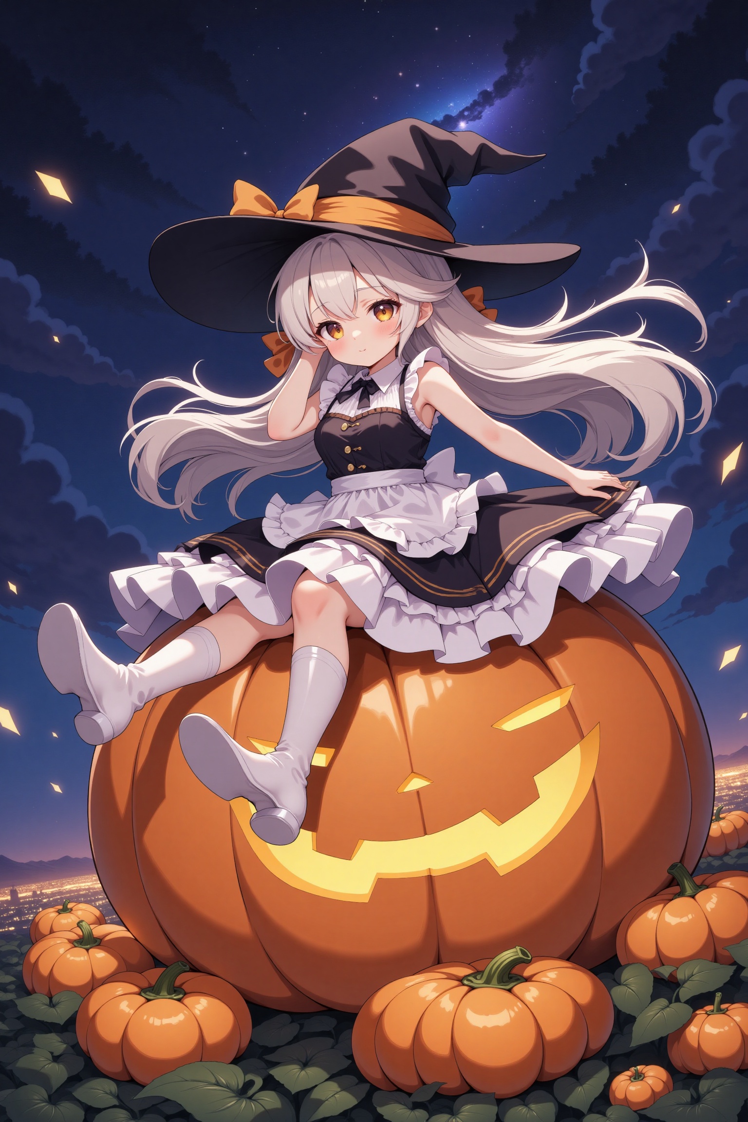masterpiece,  1girl,  sitting on a giant pumpkin on Tensor.Art