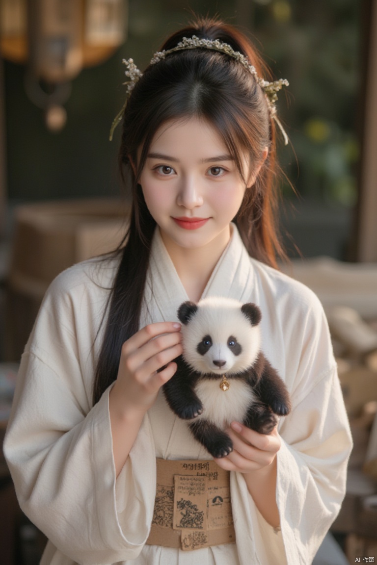 A beautiful girl wearing Hanfu took a photo with a panda as a souvenir! Looking at the camera with a slight smile, a warm scene! High definition 4K, close-up