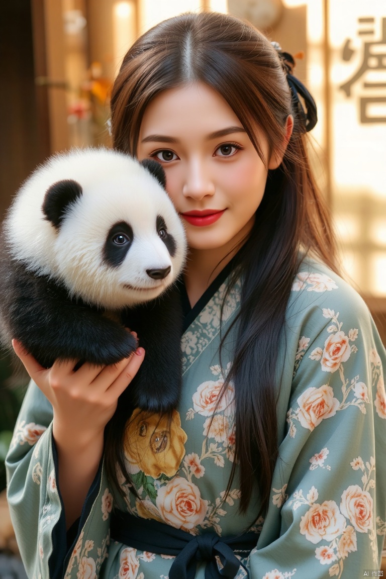 A beautiful girl wearing Hanfu took a photo with a panda as a souvenir! Looking at the camera with a slight smile, a warm scene! High definition 4K, close-up