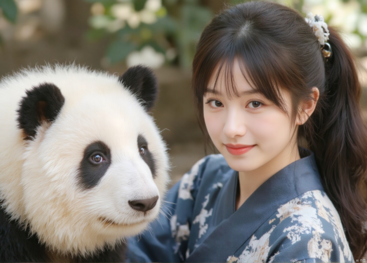 A beautiful girl wearing Hanfu took a photo with a panda as a souvenir! Looking at the camera with a slight smile, a warm scene!