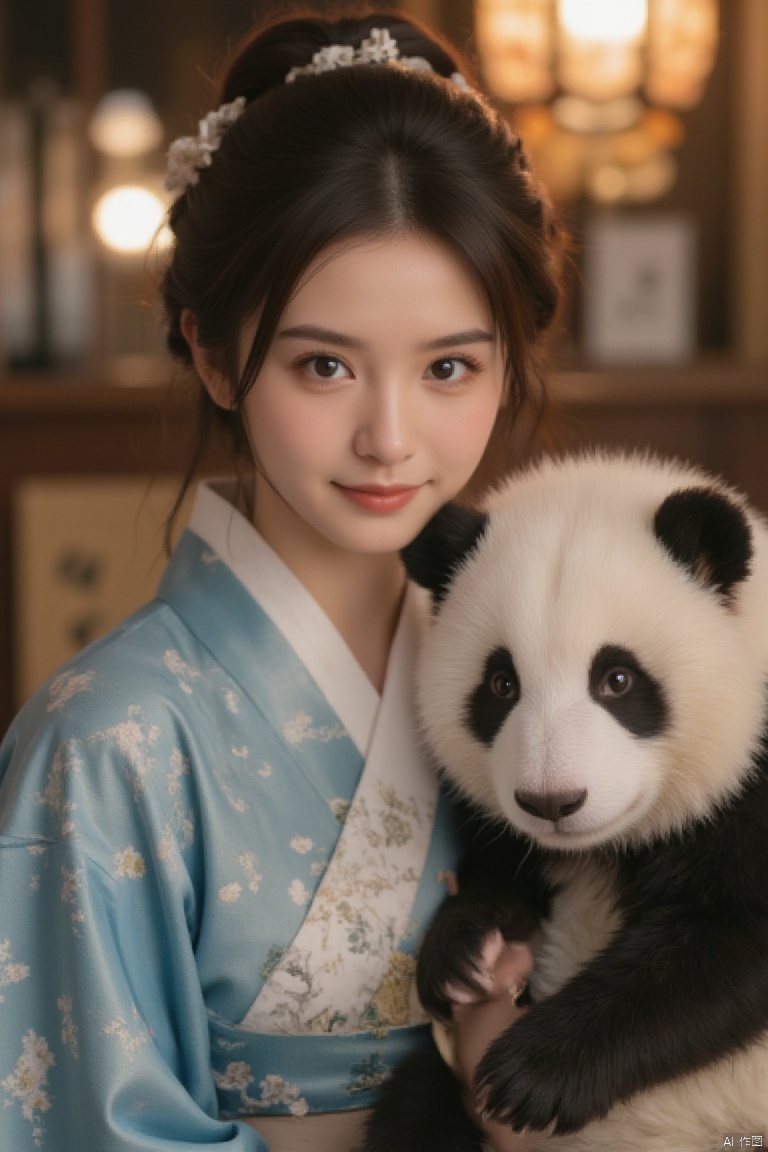 A beautiful girl wearing Hanfu took a photo with a panda as a souvenir! Looking at the camera with a slight smile, a warm scene! High definition 4K, close-up