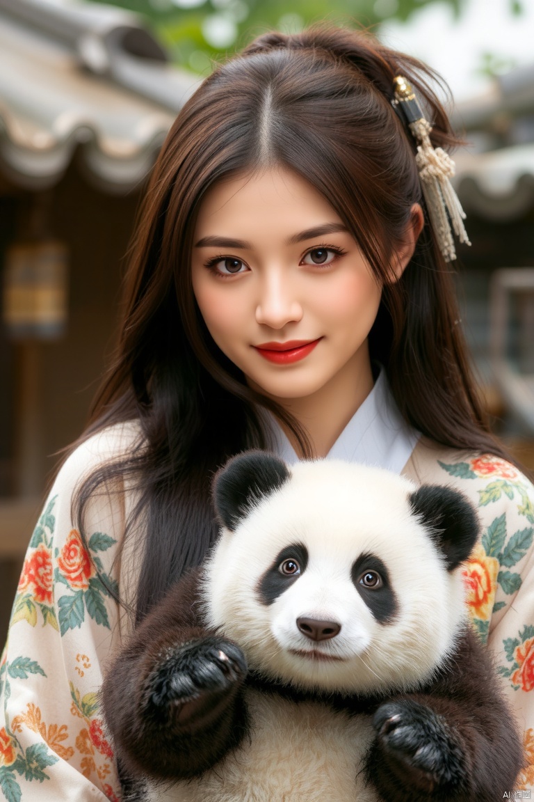 A beautiful girl wearing Hanfu took a photo with a panda as a souvenir! Looking at the camera with a slight smile, a warm scene! High definition 4K, close-up
