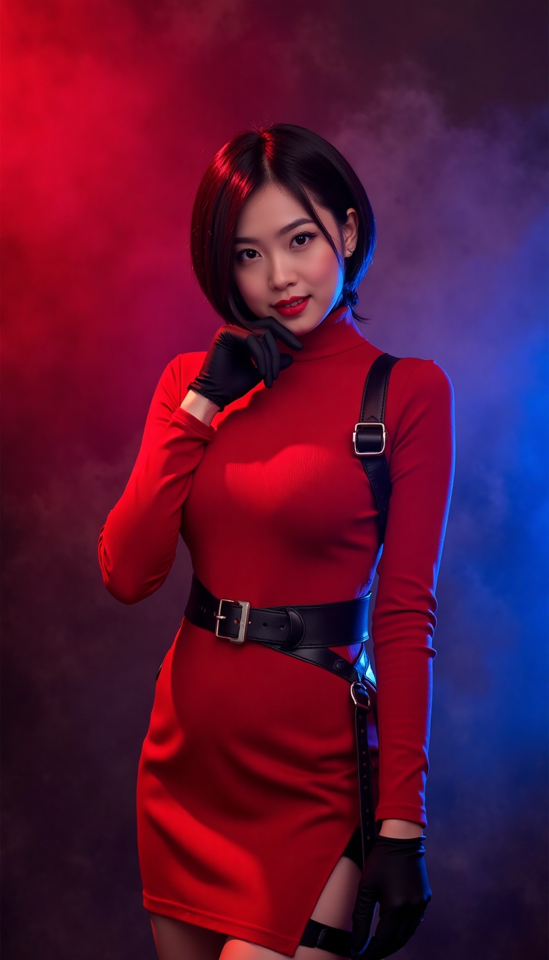 ADA,  a woman stands in a vibrant red dress,  adorned with a black belt and black gloves. Her hair is short and dark on Te...