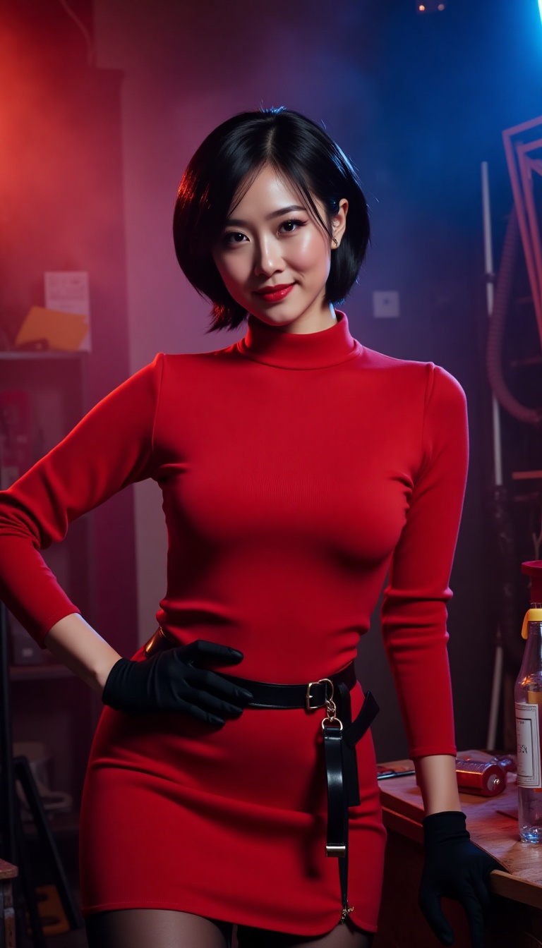 Ada poses confidently in a bold red dress,  its vibrant hue accented by a black belt and gloves. Her short,  dark hair pro...