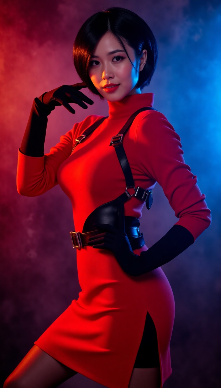 Ada poses confidently in a bold red dress,  its vibrant hue accented by a black belt and gloves. Her short,  dark hair pro...