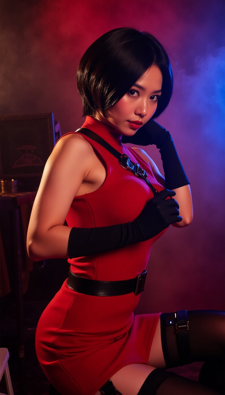 Ada poses confidently in a bold red dress,  its vibrant hue accented by a black belt and gloves. Her short,  dark hair pro...