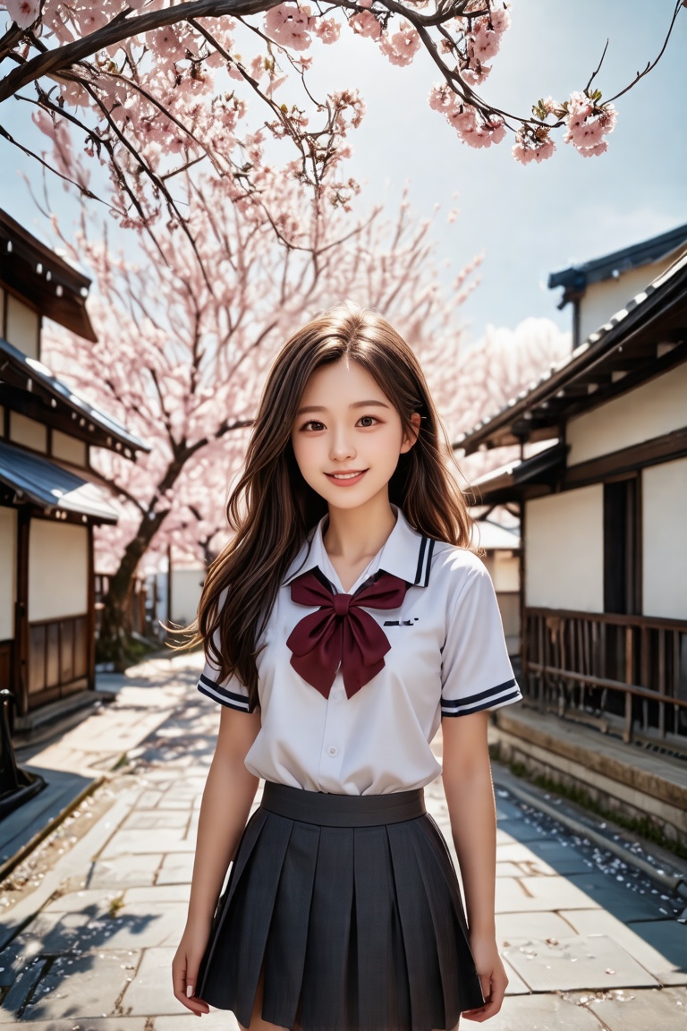 masterpiece, best quality, realistic, realistic lighting, 8K, HDR, 1girl, solo, long hair, looking at viewer, smile, school uniform, japanese high school setting, soft sunlight, cherry blossoms in the background, gentle breeze, warm colors
